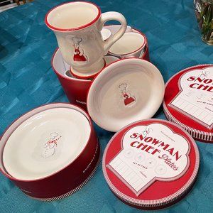 NEW IN BOX! Williams-Sonoma Snowman Chef HOLIDAY SET dishes (4 plates/mugs)